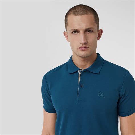 Burberry Brit Men's Check Placket Pique Regatta Blue Polo Shirt 